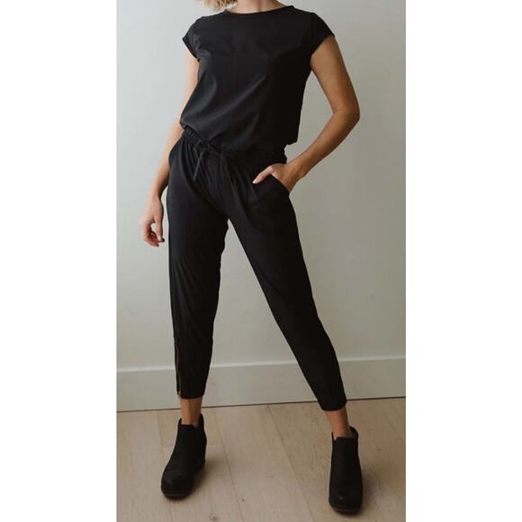 Albion Fit Everyday Jumpsuit •XL Petite•Black Ankle Zip Elastic Drawstring Waist - Picture 5 of 14